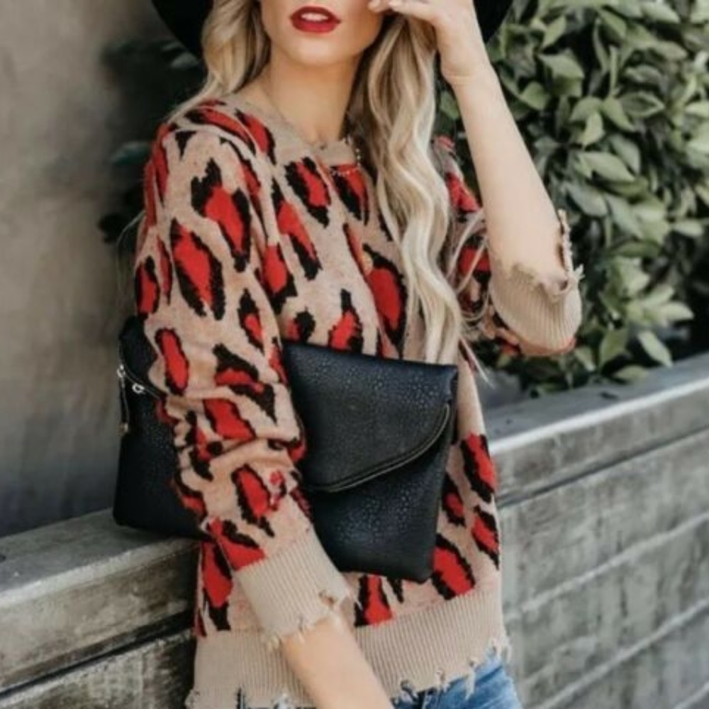 New Leopard Animal Print Boutique Crew Sweater Top - Picture 5 of 7